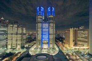 Tokyo Metropolitan Government Building illuminated in blue