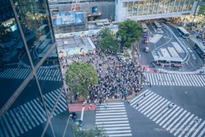 Magnet by Shibuya 109 Scramble Crossing viewed from the rooftop observation platform atmosphere.