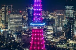 Telephoto lens shot of the Tokyo Tower observation deck.